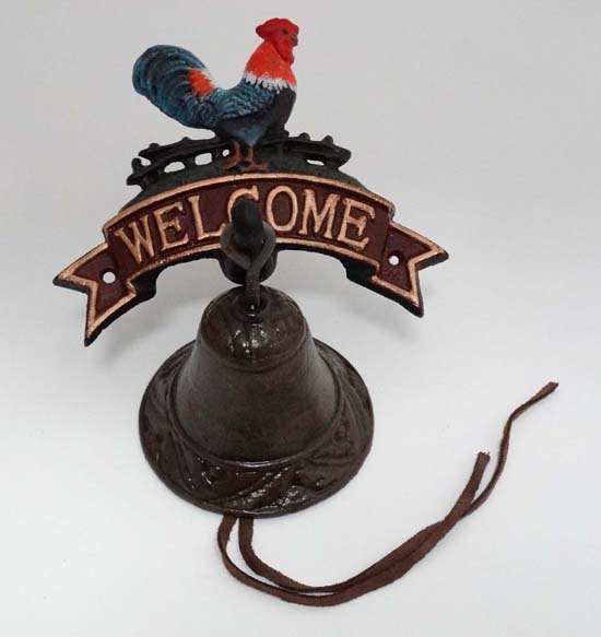 A painted cast metal cockerel "Welcome" door bell CONDITION: Please Note - we do - Image 2 of 2