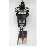 19thC Art Nouveau wrought iron porch lantern with stained glass CONDITION: Please