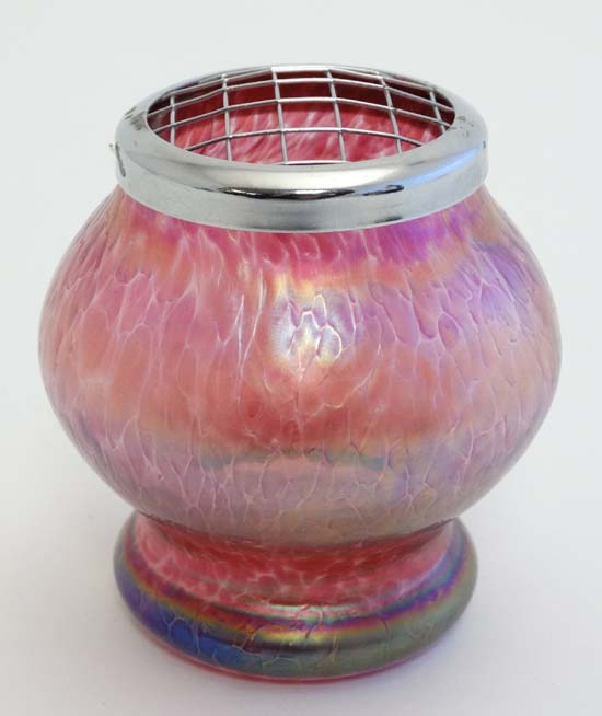 Loetz / Davidson style vase : a pink iridescent bellied small vase with chromed net cover, - Image 4 of 4