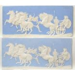 Friezes : A pair of Jasperware like large plaques, Roman chariots with figures and horses.