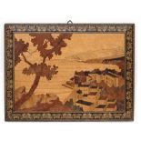 Sorrento Parquetry Panel : an Italian parquetry panel depicting an Italian coastline, with a town,