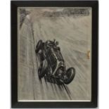 Automotive monochrome print, Sir Henry ' Tim' Burkin racing his 1929 super charged Bently Blower no,