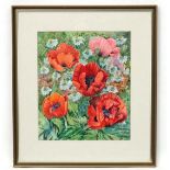 Barbara J Barton XX, Watercolour, Poppies etc, Monogrammed lower right and labelled verso.