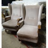 Pair of beige upholstered wingback chairs CONDITION: Please Note - we do not make