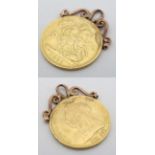 Coin: An 1893 Queen Victoria Gold Half Sovereign with pendant hanger, approximately 3/4'' diameter.