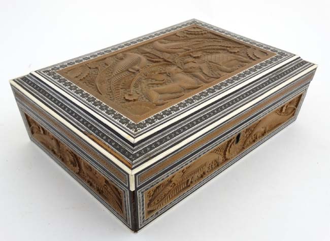 A 19thC Indian Vizagatam sandlewood and sadelli ladies sewing box opening to reveal mirror,