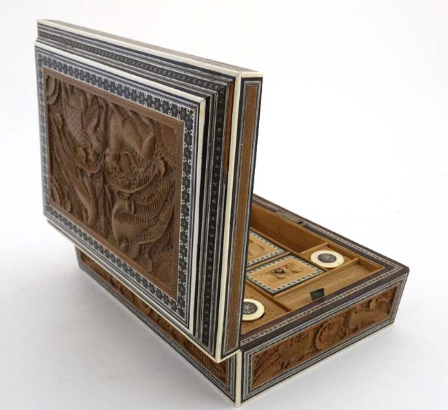 A 19thC Indian Vizagatam sandlewood and sadelli ladies sewing box opening to reveal mirror, - Image 9 of 12