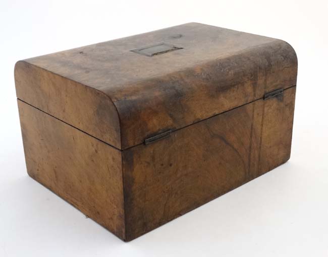 A 19thC semi-domed burr walnut ladies vanity box with scent bottle holders, - Image 4 of 8