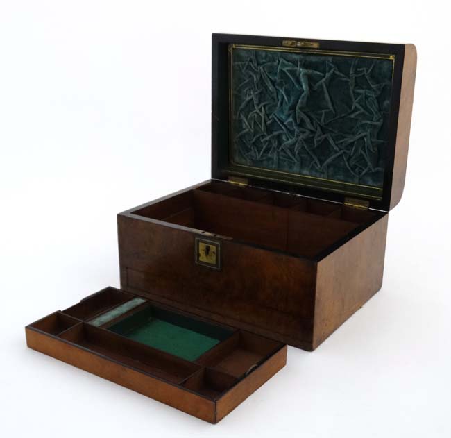 A 19thC semi-domed burr walnut ladies vanity box with scent bottle holders, - Image 8 of 8