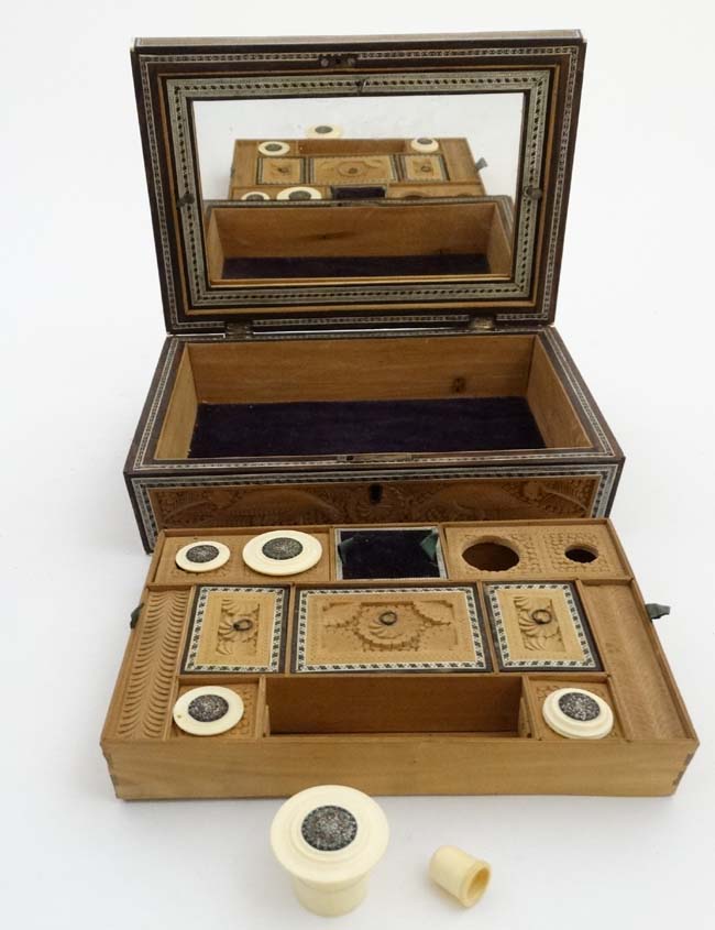 A 19thC Indian Vizagatam sandlewood and sadelli ladies sewing box opening to reveal mirror, - Image 2 of 12