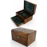 A 19thC semi-domed burr walnut ladies vanity box with scent bottle holders,