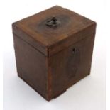 A late 18thC Sheraton style inlaid mahogany strung and cross banded tea caddy 5 1/4" high x 4 1/2"