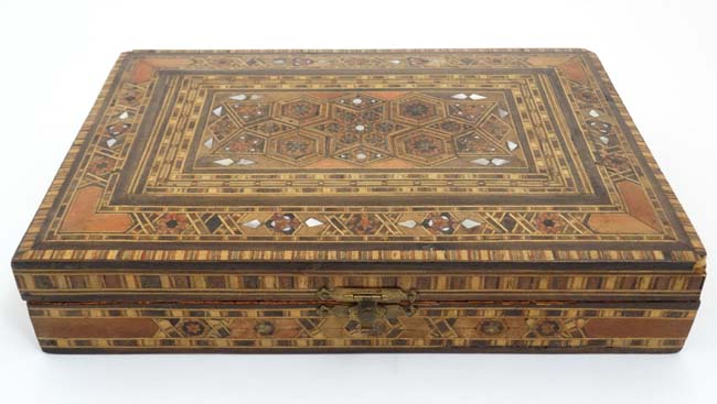 An Eastern box with hinged lid and mosaic and cross banded inlay with mother of pearl detail. - Image 4 of 6