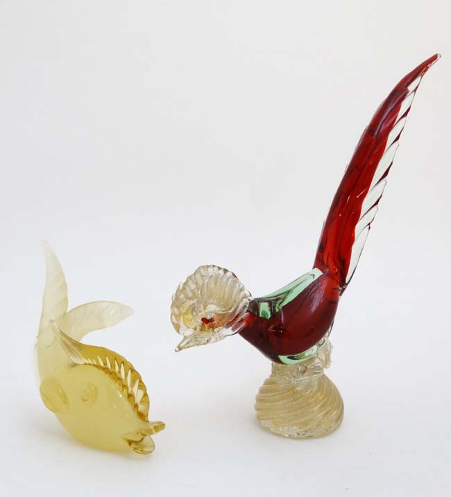 Retro glass : 2 items of Murano style art glass comprising a red clear and gold fleck model of a