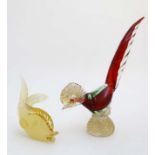 Retro glass : 2 items of Murano style art glass comprising a red clear and gold fleck model of a