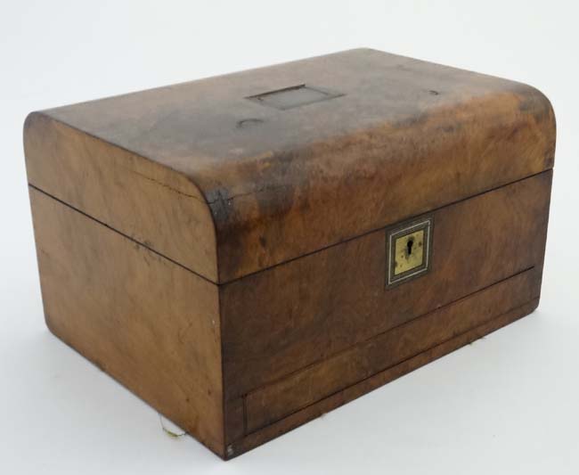 A 19thC semi-domed burr walnut ladies vanity box with scent bottle holders, - Image 3 of 8