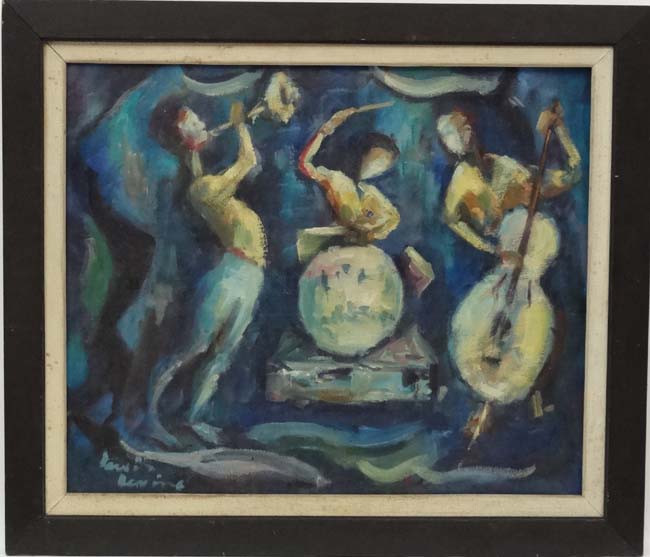 Louis Levine (1915-1993) American, Oil on canvas, New Orleans Jazz Trio band, Signed lower left,