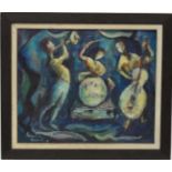 Louis Levine (1915-1993) American, Oil on canvas, New Orleans Jazz Trio band, Signed lower left,