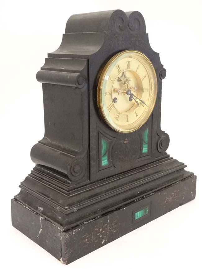Mantel clock : a 19 thc Slate cased mantel clock inlaid with malachite, - Image 2 of 4