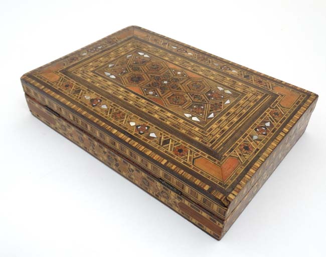 An Eastern box with hinged lid and mosaic and cross banded inlay with mother of pearl detail. - Image 6 of 6
