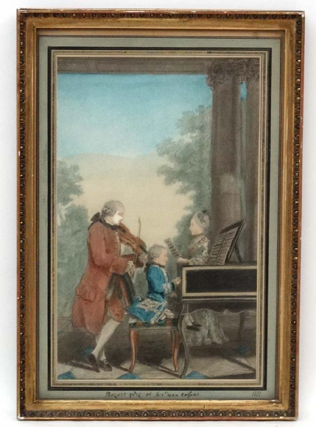 XVIII aquatint, Wolfgang Amadeus Mozart playing in concert with his father and sister , 1777,