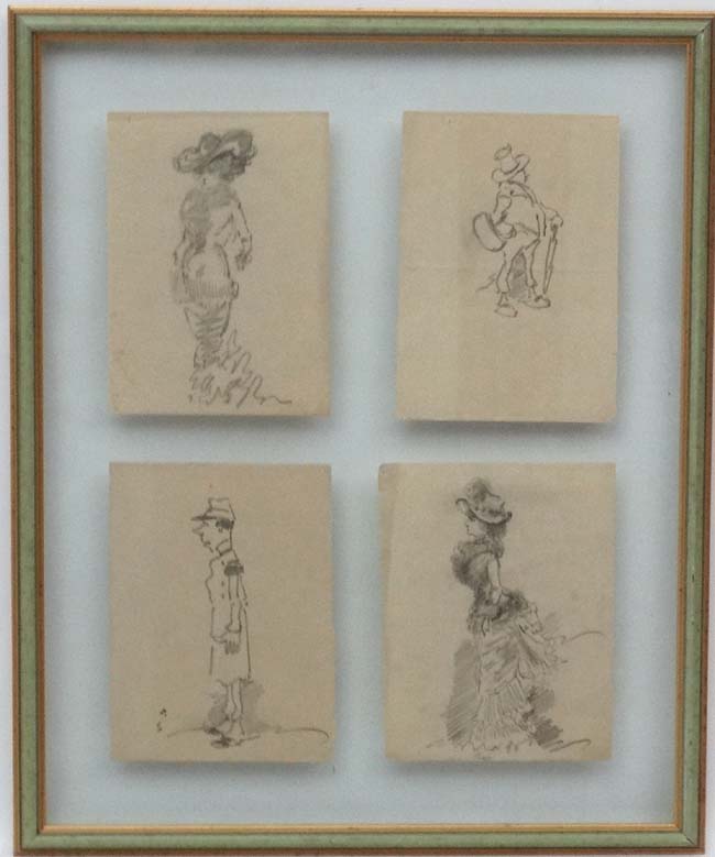 XIX American School, 4 framed pencil sketches, Portraits of two women and two men,