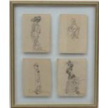 XIX American School, 4 framed pencil sketches, Portraits of two women and two men,