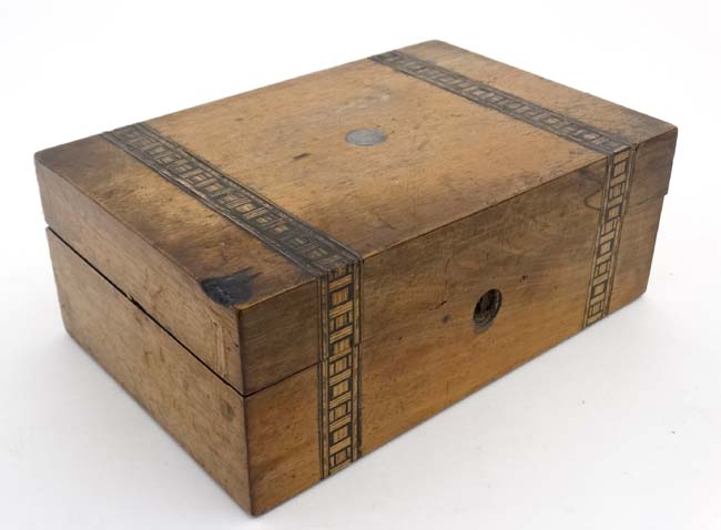 Three 19thC boxes to include a mahogany club box, banded walnut box and an oak glove box . - Image 9 of 13