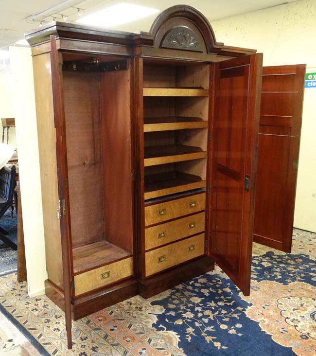 A 19thC mahogany breakfront triple wardrobe with central section with drawers and linen sides 94" - Image 2 of 4