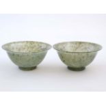 A pair of Spinach green Chinese jade dishes/bowls approx 4" diameter x 1 5/8" high