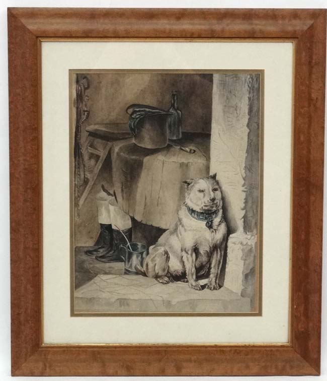 XIX Animalia, Watercolour and gouache, A dog waits to be fed by his huntsman owner, 15 1/4x 11 1/4.