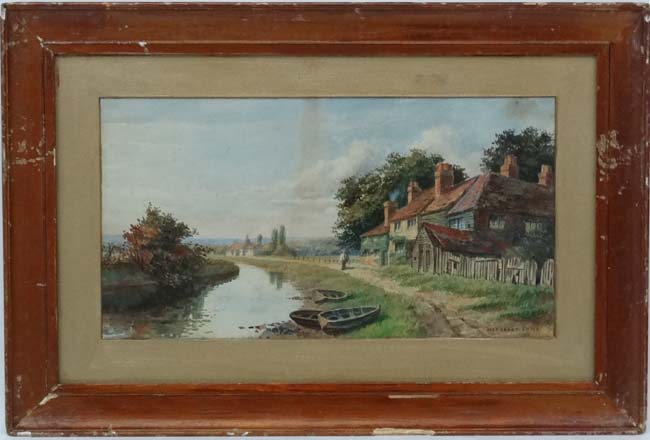 Margaret Smith XIX, Watercolour, The estuary channel with boats and houses, Signed lower right,