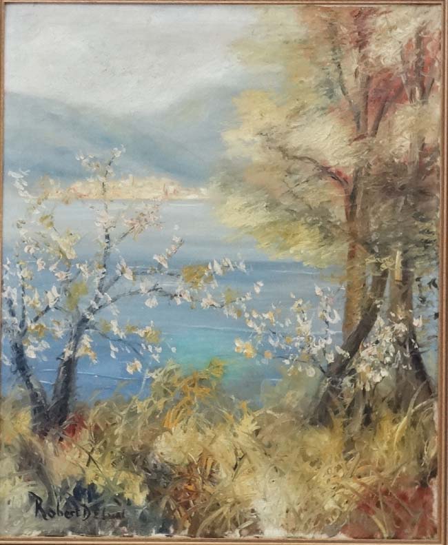 Robert Delval XX French School, Oil on canvas, Looking across a coastal inlet , - Image 3 of 4