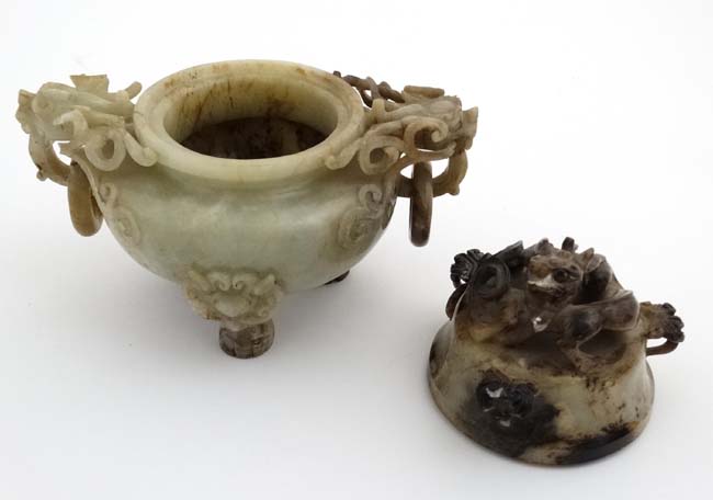 A Jade three footed censor with dragon mask handles and lid with further dragon decoration. - Image 4 of 6