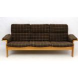 Vintage Retro : a Scandinavian Jeki designed formed Laminate 3 seat sofa with arms in blond beech