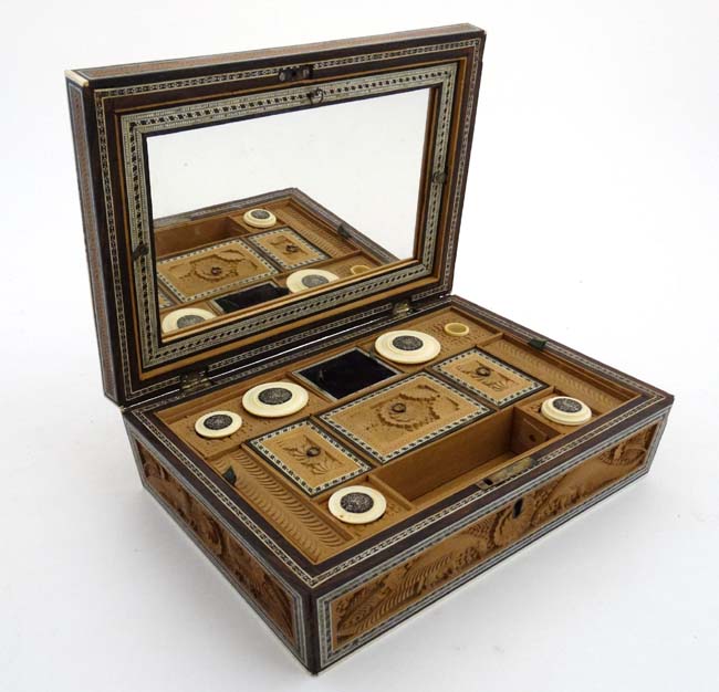 A 19thC Indian Vizagatam sandlewood and sadelli ladies sewing box opening to reveal mirror, - Image 8 of 12