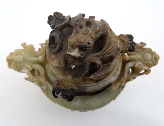 A Jade three footed censor with dragon mask handles and lid with further dragon decoration. - Image 5 of 6