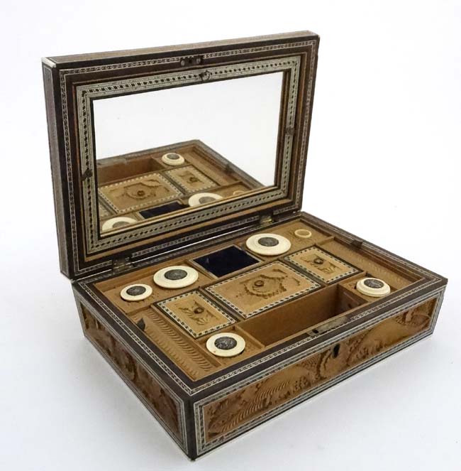 A 19thC Indian Vizagatam sandlewood and sadelli ladies sewing box opening to reveal mirror, - Image 7 of 12