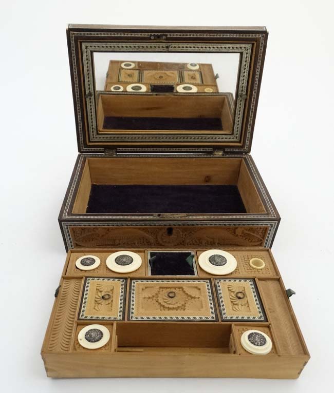 A 19thC Indian Vizagatam sandlewood and sadelli ladies sewing box opening to reveal mirror, - Image 11 of 12