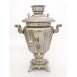 USSR Samovar : a silver plate 20 thC four footed two handled samovar marked under and to shoulders,