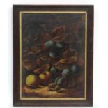 Birmingham School XIX/XX, Oil on canvas, Still life of plums, apples and gooseberries with leaves ,