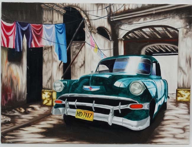 Cuban School XX, Acrillic on canvas , a pair, 1950s cars in Cuban streets, - Image 3 of 4