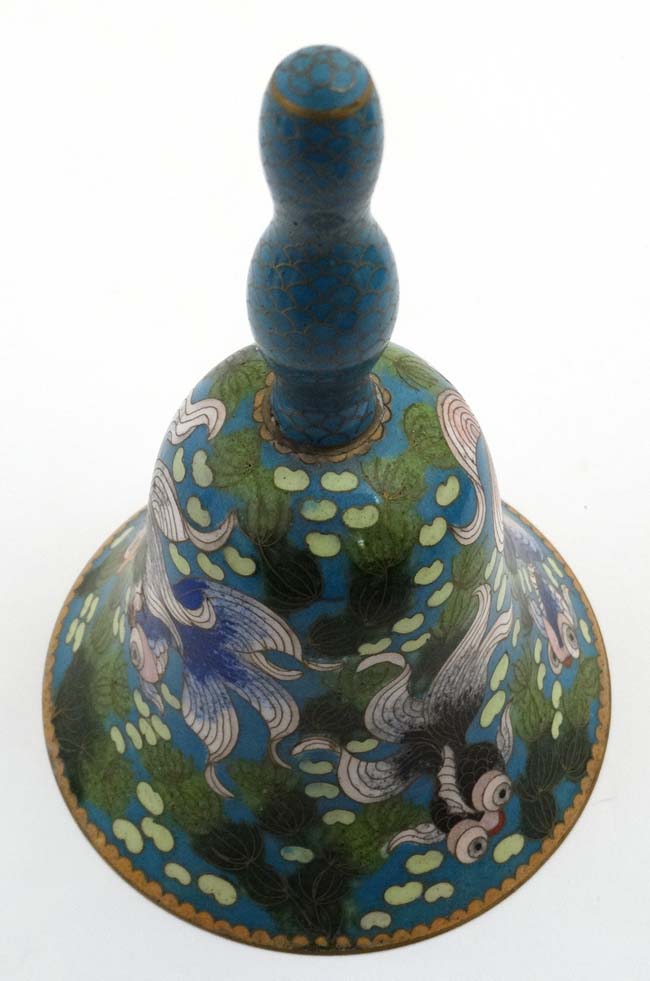 An Oriental Cloisonne table bell decorated with 6 carp 7 1/4" high CONDITION: - Image 4 of 4