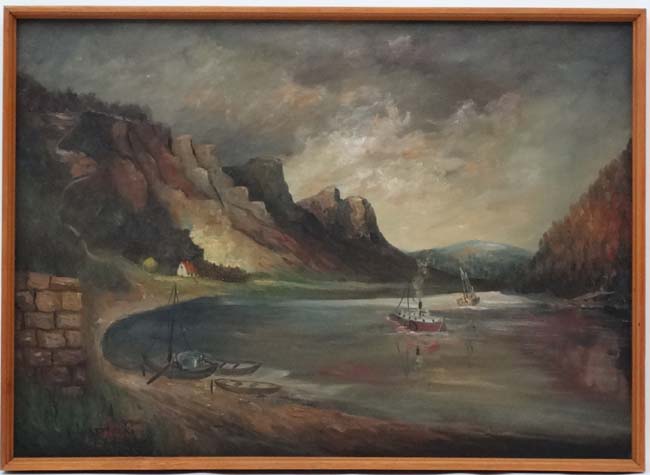 J . Kantecki (c. 1916-1999 ) Polish, Oil on canvas, Paddle steamer in coastal inlet etc.