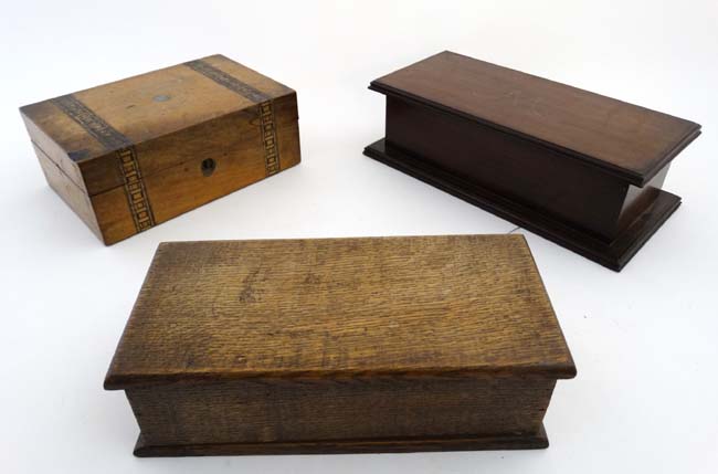 Three 19thC boxes to include a mahogany club box, banded walnut box and an oak glove box .