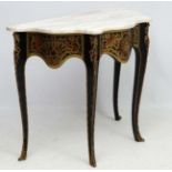 A Continental Boulle serpentine shaped side table with grey stripped marble top with oval mounts.