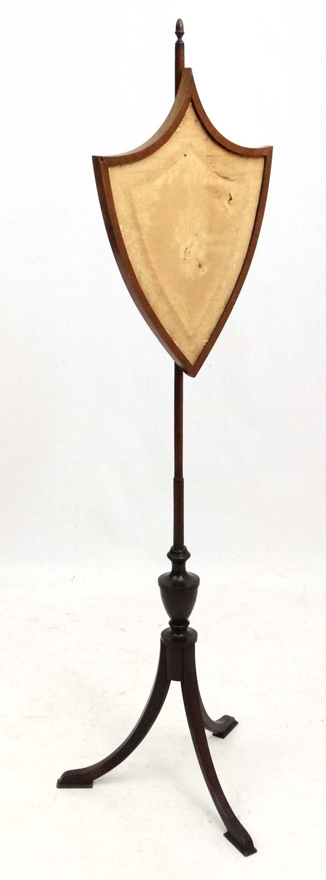 An 18thC mahogany tripod pole screen with shield shape screen 62" high CONDITION: - Image 3 of 4