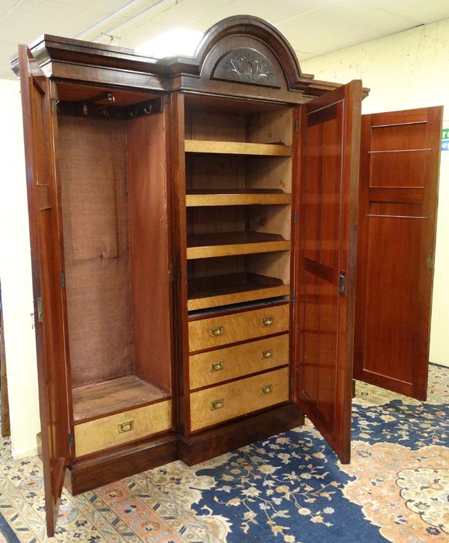 A 19thC mahogany breakfront triple wardrobe with central section with drawers and linen sides 94" - Image 4 of 4