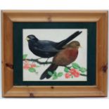 Ken Lilly (1929-1996), Gouache, A pair of Black Birds amongst apple blossom, Signed upper left.