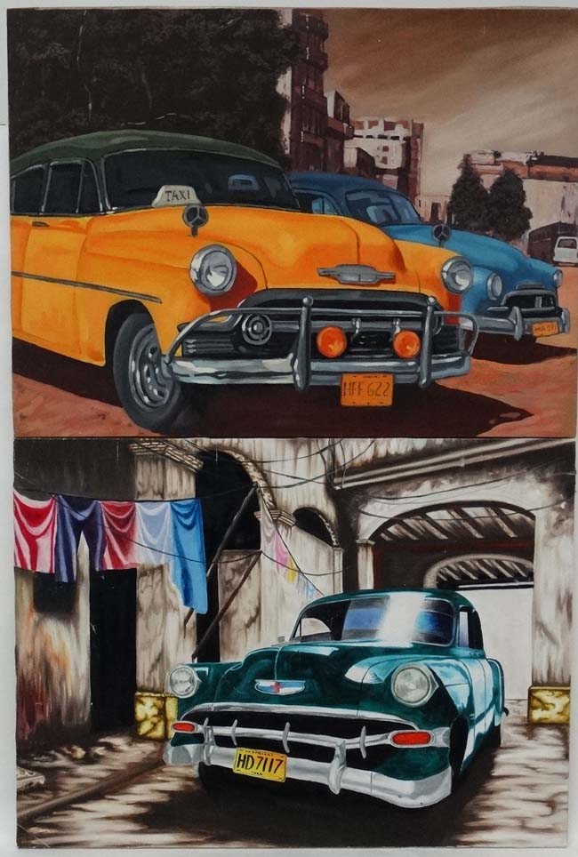 Cuban School XX, Acrillic on canvas , a pair, 1950s cars in Cuban streets,